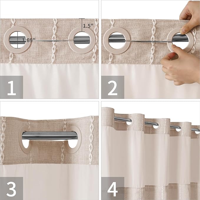 eachope No Hook Long Shower Curtain Set with Snap-in Fabric Liner,Linen Textured Thick Striped Fabric with Tassels,Boho Farmhouse Rustic Luxury Bathroom Curtain,Water-Repellent,Tan/Taupe,71x80