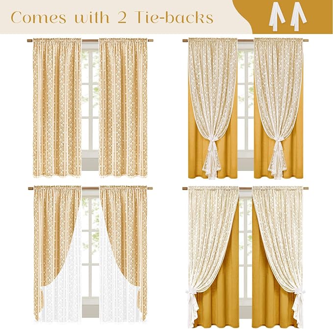 ASPMIZ Linen Curtains for Living Room Double Layer Curtains with Linen Lace, Mustard Yellow Bedroom Curtain Light Filtering, Rod Pocket Drapes 84 Inch Length 2 Panels Set with 2 Tiebacks, 52x84