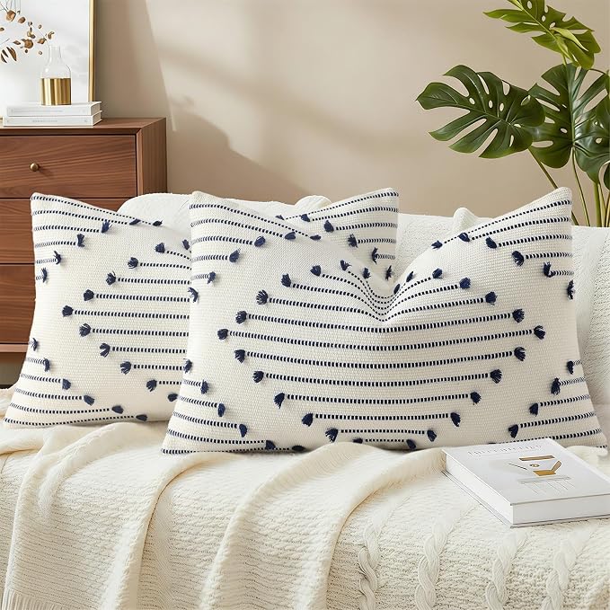 Mecatny Boho Summer Outdoor Throw Pillow Covers 12X20 Set of 2, Farmhouse Lumbar Pillow Covers for Couch Sofa Living Room, Navy & Cream White