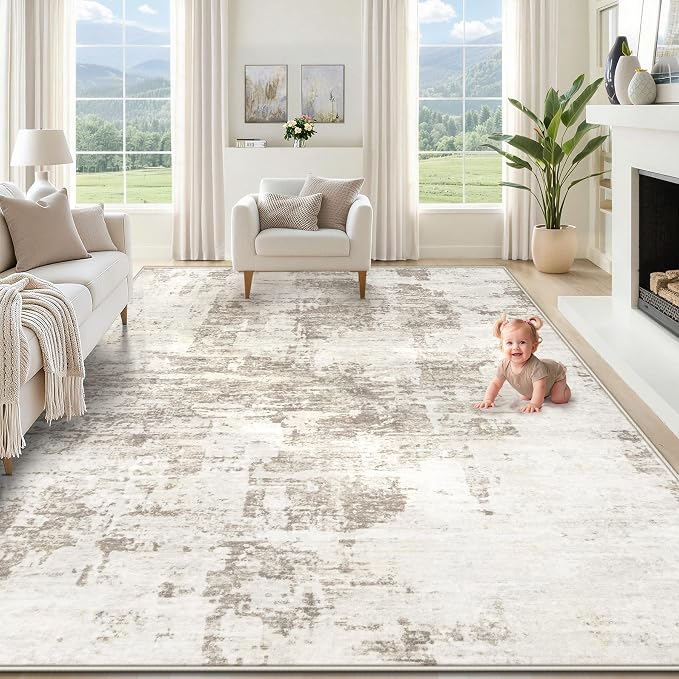XLUEZ 8x10 Area Rugs for Living Room, Washable Modern Abstract Large Area Rug Neutral Soft Non Slip Kids Rug Stain Resistant Indoor Carpet for Bedroom Nursery Dining Room Playroom(BeigeBrown, 8'x10')
