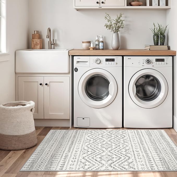 3x5 Washable Rug Moroccan Small Entryway Rug Non Slip Indoor Floor Carpet Foldable Thin Rugs for Kitchen Bedroom with Low Pile(Grey,3'x5')
