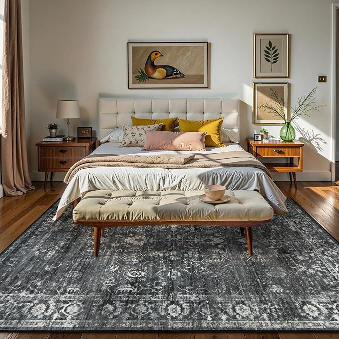 Lahome Margot 6x9 Area Rugs Washable Rugs for Bedroom Large Black Area Rug for Bedroom,Soft Vintage Distressed Rug Non Slip Stain Resistant Indoor Carpet for Dining Decor