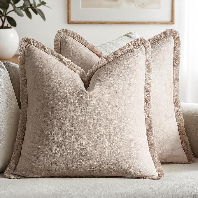 MIULEE Decorative Throw Pillow Covers Neutral Linen Fringe Throw Pillows Set of 2 Natural Linen Boho Farmhouse Cushion Covers with Tassels for Couch Sofa Bed Spring Home Decor 16x16 Inch