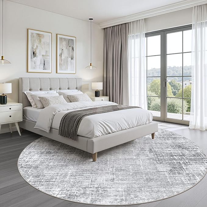 6ft Round Rug Living Room: 6x6 Washable Large Neutral Grey Circle Area Rug Abstract Soft Modern Stain Resistant Indoor Floor Non-Slip Carpet for Bedroom Nursery Kids Office Playroom Dining Room