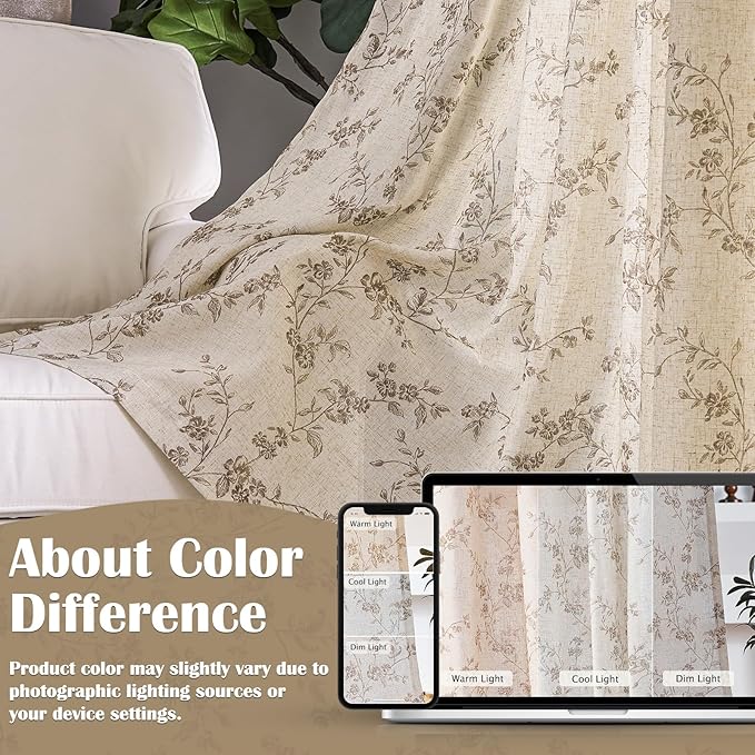 Lazzzy Taupe Floral Linen Curtains 90 Inch Farmhouse Back Tab Drapes for Living Room Bedroom Light Filtering Vintage Grandmillennial Rod Pocket Curtains, 2 Panels, W38 x L90, Taupe on Beige