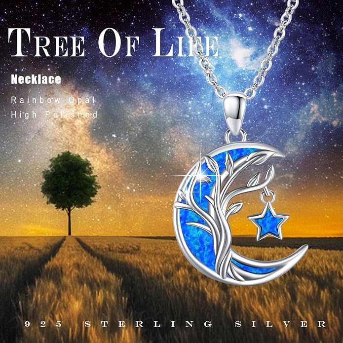 Christmas Gifts Tree of Life/Celtic/Moon Necklace 925 Sterling Silver Moon Pendant Abalone/Opal jewelry for Women Sister Christmas Gifts