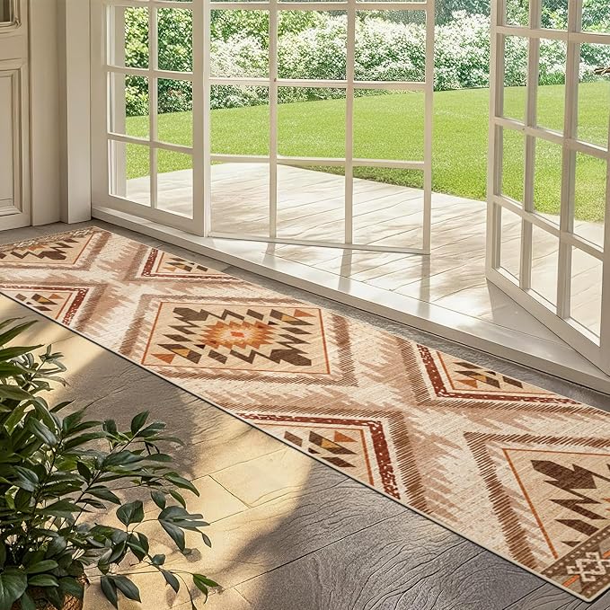 2x10Ft Boho Hallway Runner Rugs Non Slip, Light Brown Washable Kitchen Rug Runners, Soft Low Pile Geometric Moroccan Farmhouse Entryway Floor Carpet for Bedroom Home Decor