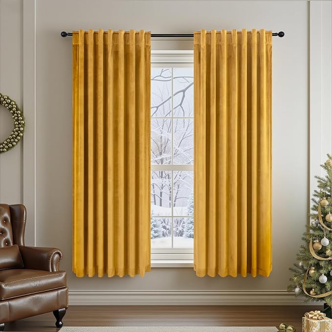 Back Tab Velvet Curtains Gold Bedroom Curtains 63 Inch Length 2 Panel Rod Pocket Super Soft Luxury Textured Thermal Insulated Short Drape for Boy Kids Room Office Apartment Studio Theater Autumn Decor