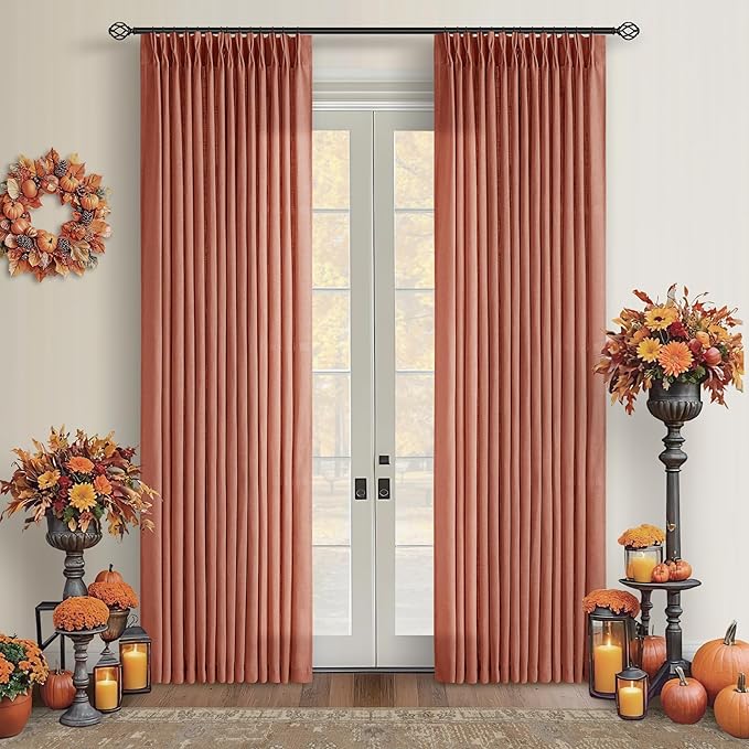 Firebrick 80 Inch Pinch Pleated Light Filtering Linen Curtains 2 Panels | Boho Farmhouse Autumn Fall Decor, Thick Linen Semi Sheer, Back Tab Pinch Pleat Hooks Rings, Terracotta Red Clay Burnt Orange