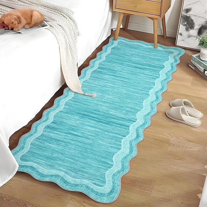 Garvee Washable Runner Rug 2x6 Scalloped Rugs for Bathroom Modern Kitchen Hallway Rugs Stain-Resistant Non-Slip Solid Rug Soft Scalloped Entryway Carpet Runner for Bathroom Laundry Bedside(Teal,2x6ft) | Modern Long Runner Rug for Entryway Bedroom, Non ...