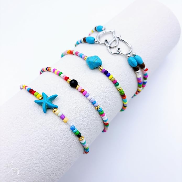 Anklets for Women Waterproof Ankle Bracelets Colorful Beaded Ankle Bracelet Elastic Starfish Shell Anklet Summer Beach Anklet Boho Jewelry Accessories