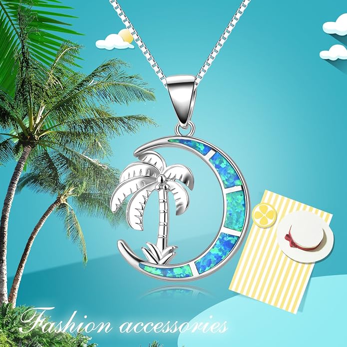 SOULMEET Palm Tree Jewelry Necklace for Women Sterling Silver Simulated Opal Necklace for Her