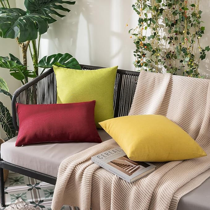 MIULEE Pack of 2 Decorative Outdoor Solid Waterproof Throw Pillow Covers Faux Linen Garden Farmhouse Cushion Cases for Patio Tent Balcony Couch Sofa 20x12 Inch Wine Red
