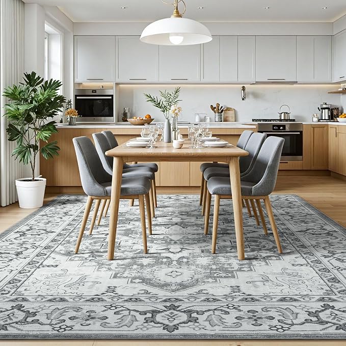 Lessymo Area Rugs 10 x 14 for Living Room, Washable Large Area Rugs Boho Faux Wool Low Pile Area Rug for Bedroom, Floral Medallion Vintage Rugs with Non-Slip Rubber, Kid & Pet Friendly,Grey Beige