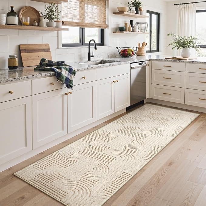 GENIMO Soft 2'6''x10' Washable Runner Rug Non Slip, 3D Modern Arch Pattern Hallway Runner, High-Low Pile Textured Non Slip Carpet, Non-Shedding Stain Resistant Beige Rugs for Entryway Bedroom Laundry