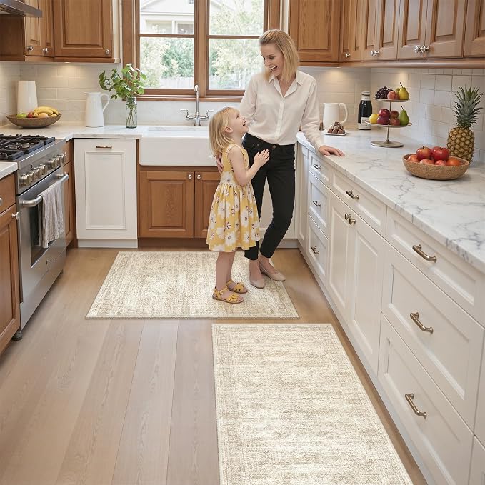 Kitchen Rugs Sets of 2, 2x3 2x4 Rug Runner,Beige | 2 Piece Washable Rug for Hallway,Entryway,Bedroom,Dining Room,Thin,Soft Runner Rug,Stain Resistant Indoor Carpet,Non Slip