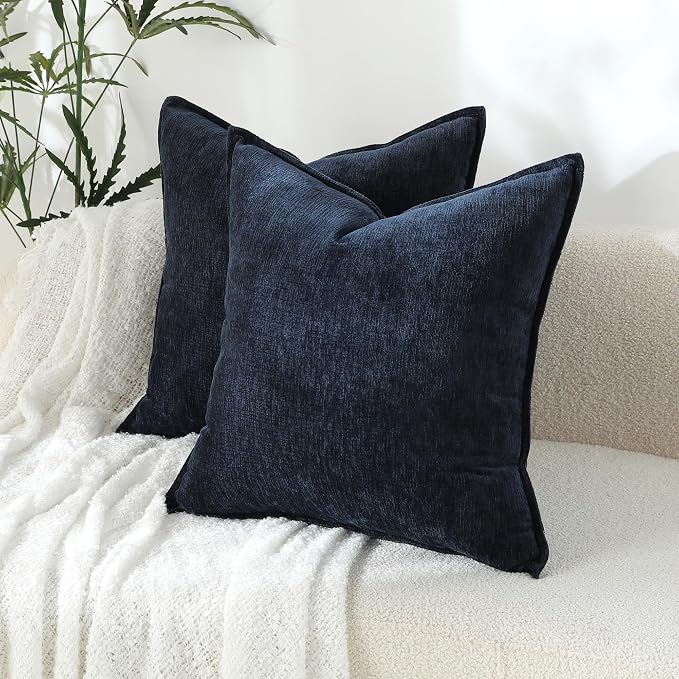 Stellhome Soft Chenille Decorative Pillow Covers 20x20 Inch Natural Navy Blue Boho Farmhouse Neutral Couch Throw Pillows for Bed Sofa Livingroom Pack of 2 Accent Modern Pillowcase Home Decor