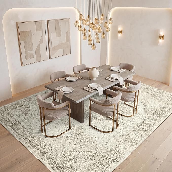 Garvee Beige 10x13 Area Rugs for Living Room, Boho Vintage Non-Slip Washable Rug Low Pile Stain Resistant Soft Foldable Large Carpet for Bedroom Dining Home Decor