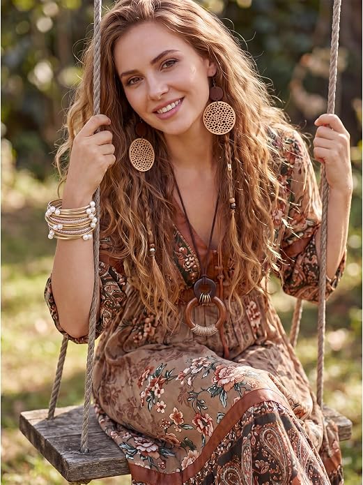 Tondiamo 12Pcs Boho Jewelry Set for Women Bohemian Western Jewelry Set with Long Pendant Necklace Dangle Earrings and Stackable Bangle Bracelets Accessories for Women Friendship Gift