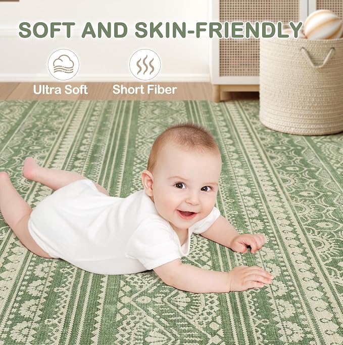 Tortania Area Rug Living Room Rugs - 6x9 Washable Large Soft Neutral Boho Moroccan Bohemian Farmhouse Rug Indoor Floor Carpet for Bedroom Under Dining Table Home Office Decor - Green