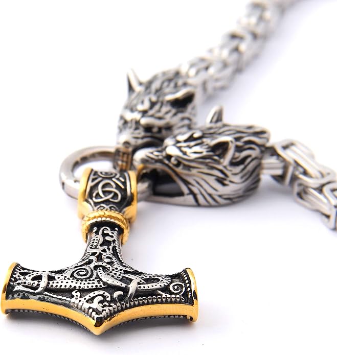 Wolf Head Pendant Necklace Nordic Viking Wolf Fenrir Necklace for Men Women, Adjustable Length Cotton Cord, Rune Beard Bead Gift