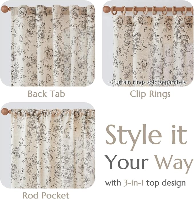 jinchan Floral Linen Curtains Lined 108 Inch Farmhouse Back Tab 2 Panels | Privacy lining, light filtering drapes, vintage, cottagecore, french country, rustic, bedroom, living room, window treatment