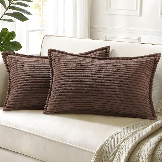 decorUhome Fall Corduroy Dark Brown Throw Pillow Covers 12x20 Set of 2 | Lumbar Couch Decorative Soft Modern Boho Farmhouse Pillow Covers Broadside Striped Pillow Cases for Living Room Bed Sofa