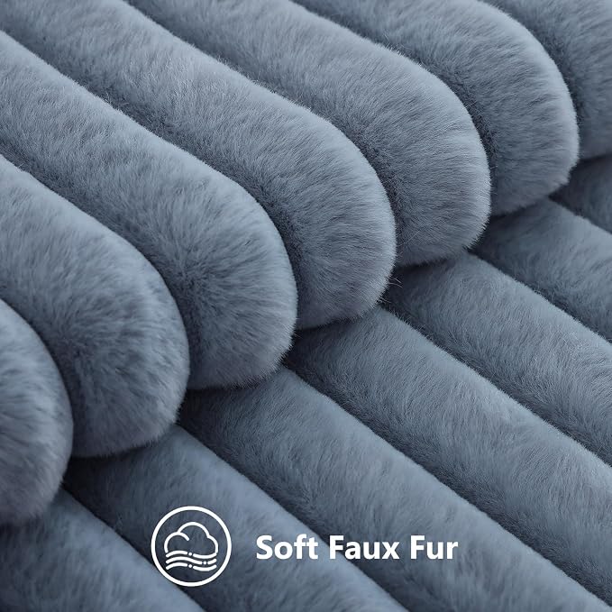 decorUhome Fall Faux Fur Throw Pillow Covers 18x18 Set of 2 Grey Blue | Decorative Soft Cozy Striped Plush Modern Farmhouse Boho Couch Pillow Cases Velvet Back for Sofa Bed Living Room Home Decor