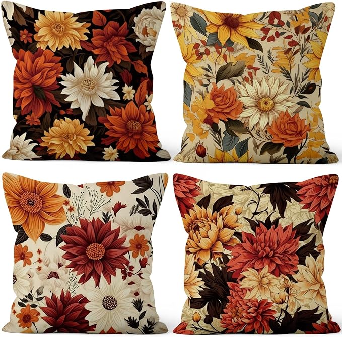 Vintage Floral Throw Pillow Covers 16''x16'' Set of 4, Colorful Flowers Pillow Cases Decorative Printed Cushion Covers for Couch Sofa Bedroom Farmhouse Livingroom Garden Patio Car Outdoor