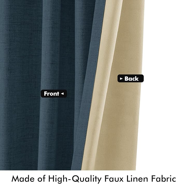MIULEE 100% Blackout Linen Curtains 42 x 72 Inch Navy Blue 2 Panels | Thermal Insulated, Room Darkening Drapes for Bedroom Living Room, Back Tab Rod Pocket Pinch Pleated, Solid Luxury Decor
