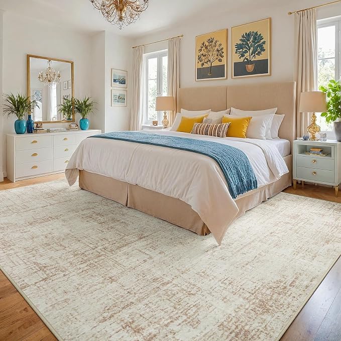 10x12 Area Rugs for Living Room Washable Rug: Anti-Skid Abstract Modern Living Room Rug Soft Thin Carpets Indoor Floor Non-Shedding Carpet for Bedroom Dining Farmhouse Nursery Beige White