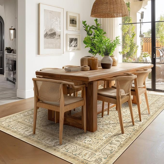 Boho Neutral 6x9 Area Rug, Non Slip Washable Rugs for Living Room Bedroom Low Pile Thin, Floral Moroccan Pattern Printed Carpet Rug for Dining Room Home Office Nursery Playroom, Warm Beige