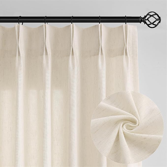Cream Beige Extra Wide Pinch Pleat Linen Curtains 84 Inches Long | 72 Inch Wide, for Living Room Sliding Glass Door, Oatmeal, Boho, Pleated Drape, Hooks Rings, 72x84 Large Window Curtain