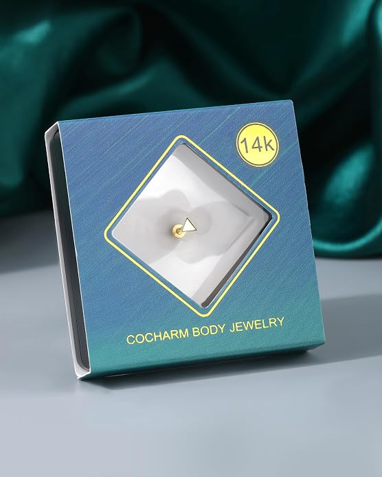 COCHARM 14K Real Gold Helix Tragus Cartilage Piercing Jewelry-Titanium Post-Threadless Tragus Conch Cartilage Earring Stud Flat Back 16g Labret Stud 6mm, 8mm Push Pin Triangle Medusa Jewelry
