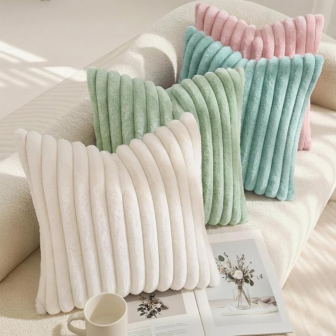 decorUhome Fall Faux Fur Throw Pillow Covers 26x26 Set of 2 Aqua | Decorative Soft Cozy Striped Plush Modern Farmhouse Boho Couch Pillow Cases Velvet Back for Sofa Bed Living Room Home Decor