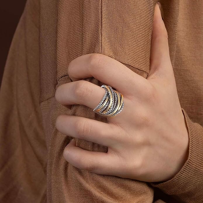 Mytys Wide Band Rings Twisted Rope Ring Two-Tone Mixed Metal Braided Statement Rings Fashion Jewelry for Women