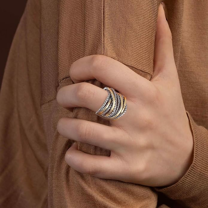 Mytys Wide Band Rings Twisted Rope Ring Two-Tone Mixed Metal Braided Statement Rings Fashion Jewelry for Women