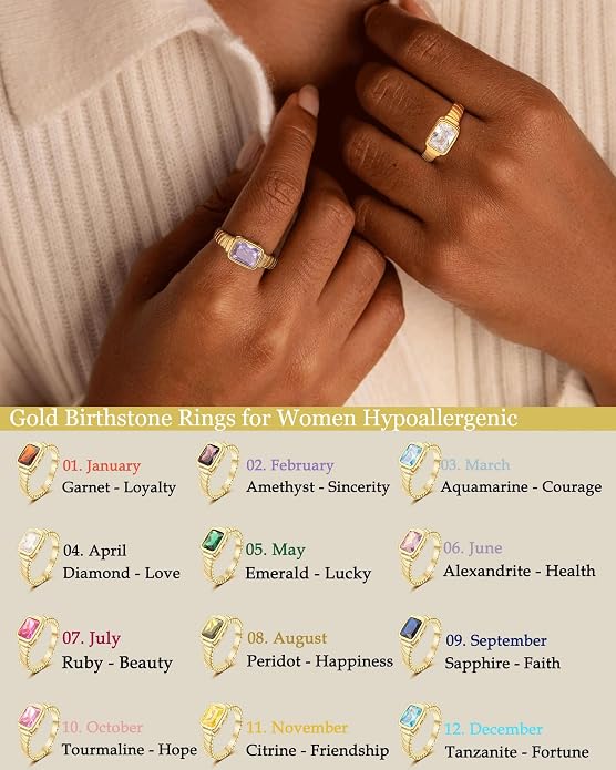 ZHESHY Birthstone Gold Rings for Women Non Tarnish Vintage Gemstone Emerald Rings 14K Gold Plated CZ Signet Thumb Band Rings Jewelry Gift for Birthday Size 6-10