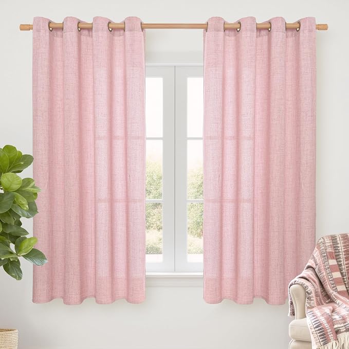 YoungsTex Light Pink Linen Curtains 63 Inch Length for Living Room Window, Light Filtering Drapes with Bronze Grommet Privacy for Bedroom Decorative, 52 x 63 Inch, 2 Panels