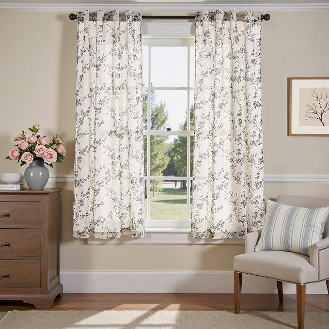 jinchan Black Floral Linen Curtains 63 Inch Rustic Drapes Back Tab 2 Panels | Black on beige, light filtering, semi sheer, farmhouse, country, privacy, flower, bedroom, living room, window treatment