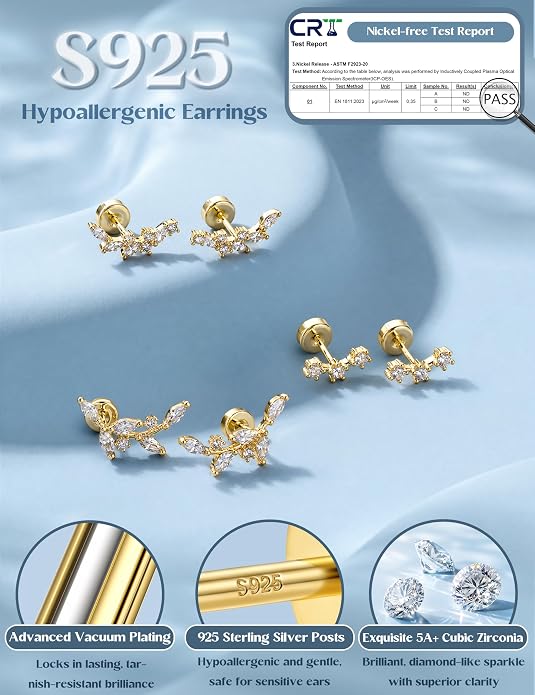 ORAZIO 925 Sterling Silver Flat Back Stud Earrings for Women Hypoallergenic 14K Gold Plated Cartilage Earrings for Sensitive Ears Small CZ Opal Conch Helix Tragus Piercing Jewelry 3 Pairs 20G