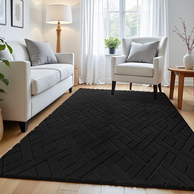 Macgace Ultra Soft Black Area Rug for Bedroom, 4x6 Modern Geometric Shag Rugs with Nonslip Backing for Living Room, Washable Fuzzy Carpet for Cozy Kids Room