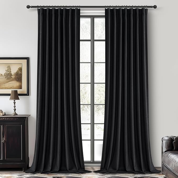 QJmydeco Black Curtains for Bedroom 90 Inch Long 2 Panels Set, Black Out Elegant Curtains for Living Room Windows 48 to 84 Wide Thick Sound Dampening Thermal Pleated Drapes Back Tab (W50 x L90)