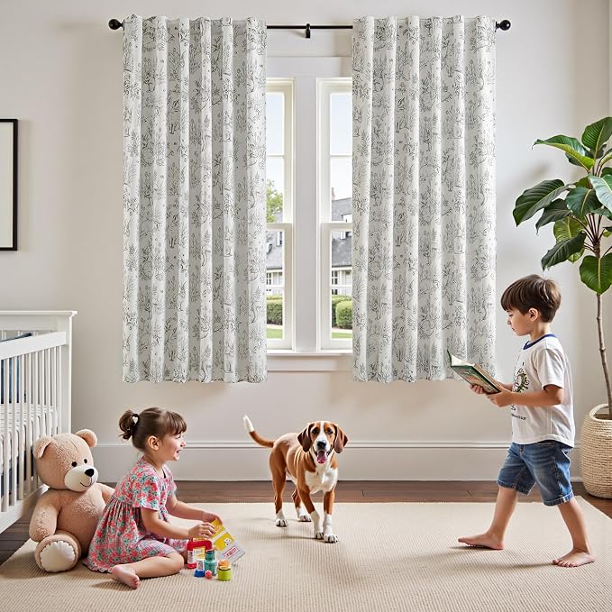 jinchan Grey Blackout Curtains 63 Inch Whimsical Back Tab 2 Panels | Room darkening,nursery kids bedroom,privacy,whimsical,cottagecore,bunny pattern,botanical,nature-inspired decor