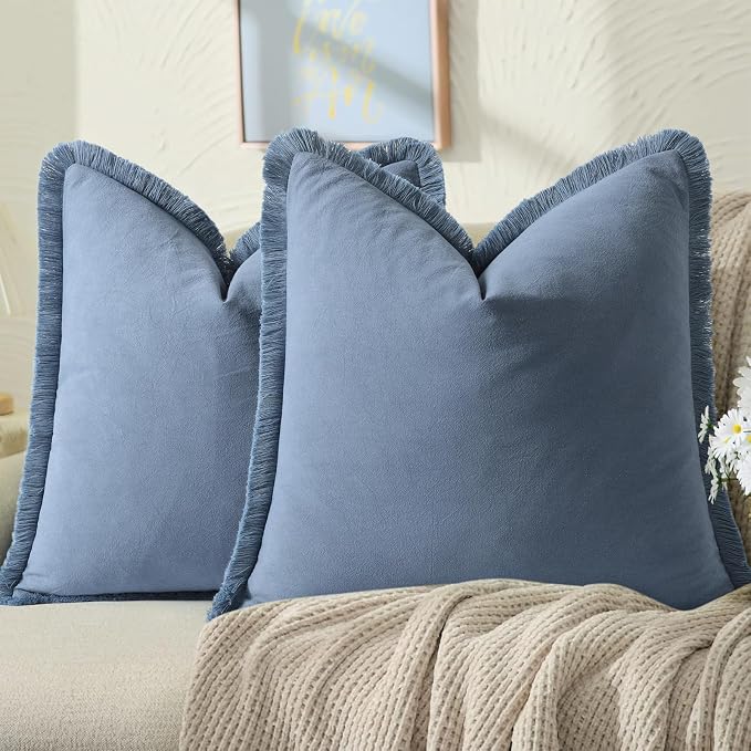 ZWJD Pillow Covers 22x22 Set of 2 Blue Throw Pillow Covers with Fringe Chic Cotton Decorative Pillows Square Cushion Covers for Sofa Couch Bed Living Room Farmhouse Boho Decor