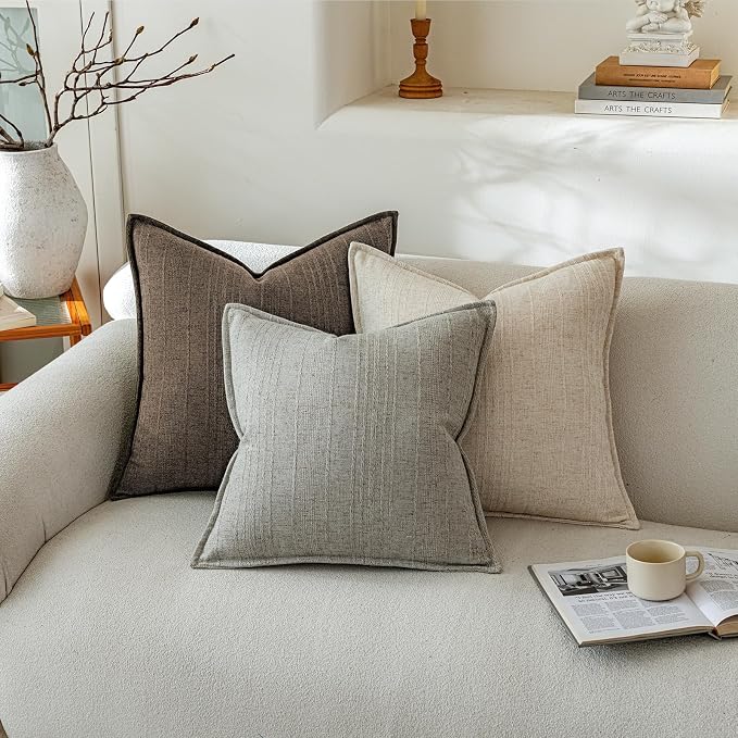 a moment Linen Pillow Covers Set of 2,Boho Farmhouse Throw Pillowcases Neutral Textured Decorative Covers for Couch Sofa,Soft Linen Blend Accent Case Cushion Home Decor 20"x12"Coco Brown