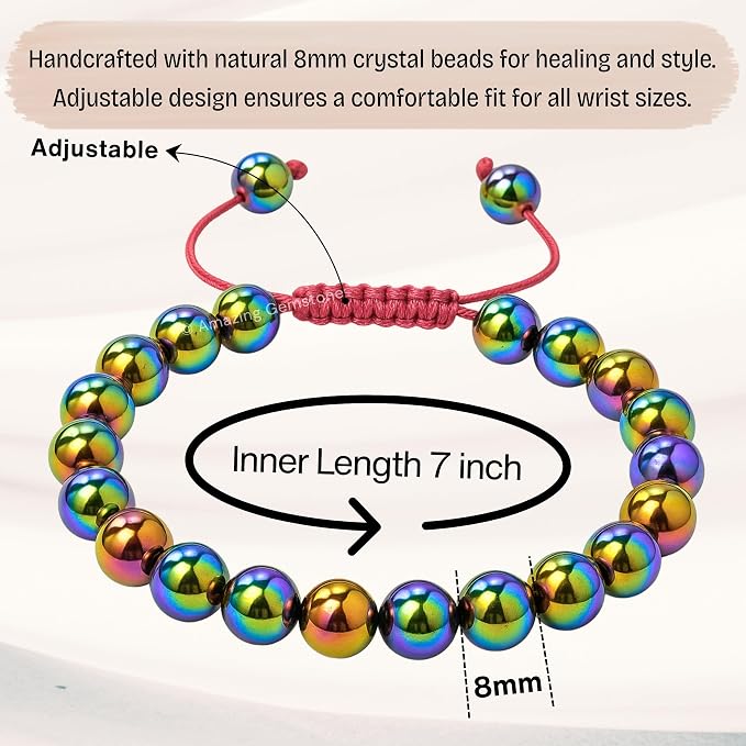 Amazing Gemstone Rainbow Hematite Bracelet, Gifts for Men & Women - Protection Healing Crystal Bracelet - 8mm Gemstone Beaded Adjustable Bracelet, Pulseras para Hombres Mujer Stocking Stuffers