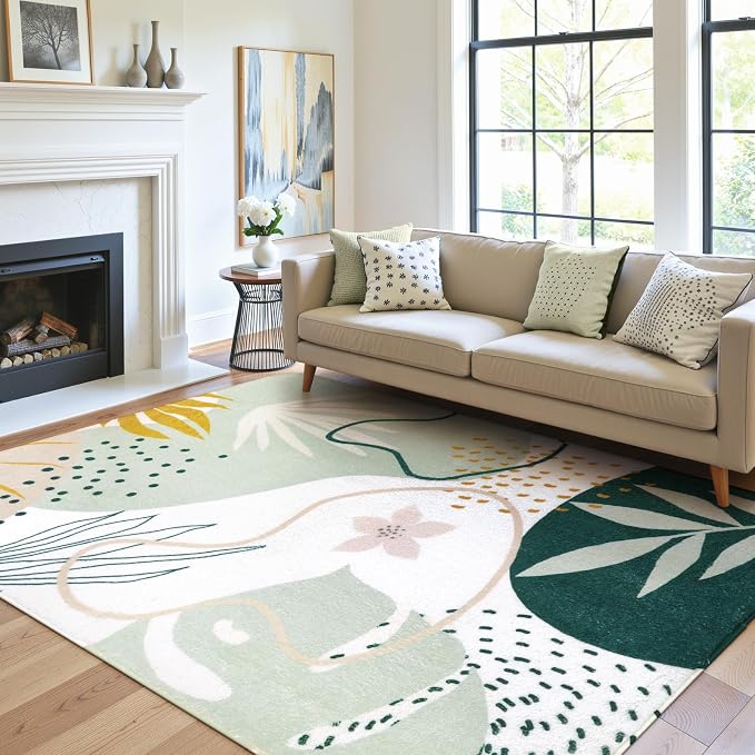 Lahome Green Washable Rugs 9x12 Living Room Rug, Non-Slip Backing Lightweight Extra Large Area Rug Ultra-Thin Throw Rus for Dining Room Table, Boho Botanical Print Soft Rug for Bedroom Classroom Home
