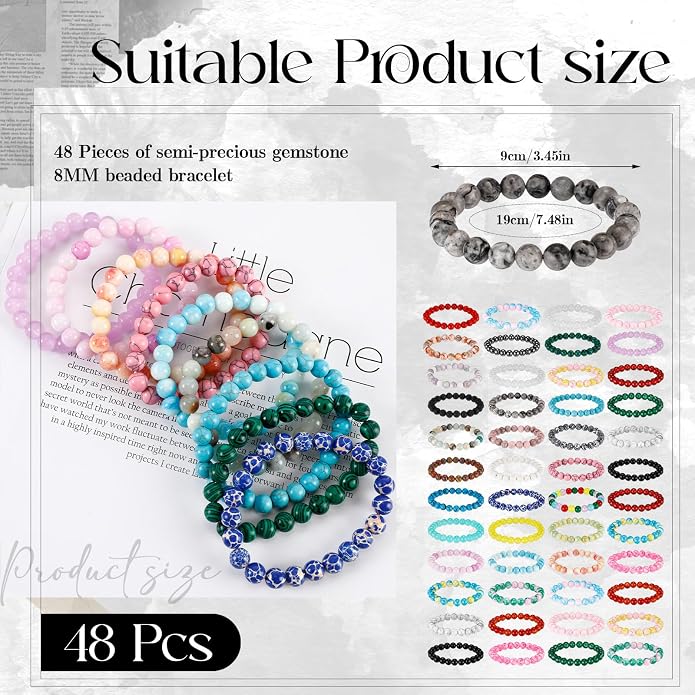 Landical 48 Pcs 8mm Round Beaded Bracelets for Women Men Semi Precious Gemstones Bracelets Crystal Stone Bracelet for Unisex