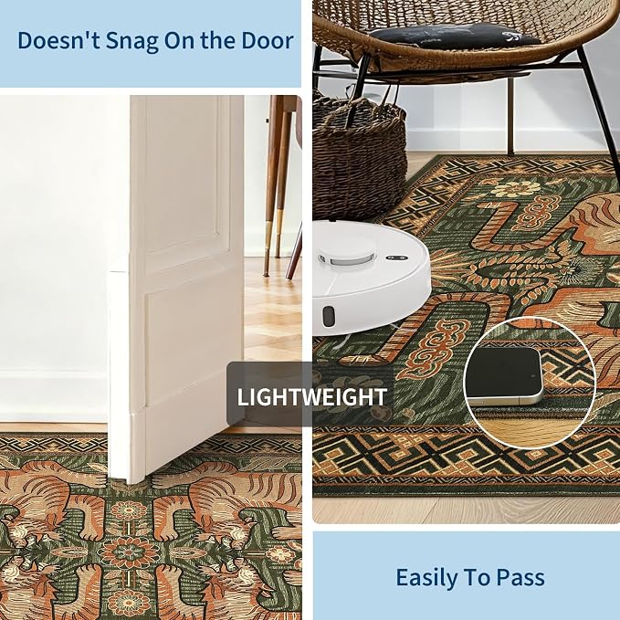 GarveeHome Tibetan Tiger 5x7 Area Rugs, Boho Green Washable Rugs for Living Room, Vintage Tribal Soft Animal Print Throw Rug Non Slip Ultra Thin Stain Resistant Floor Carpet for Office Bedroom
